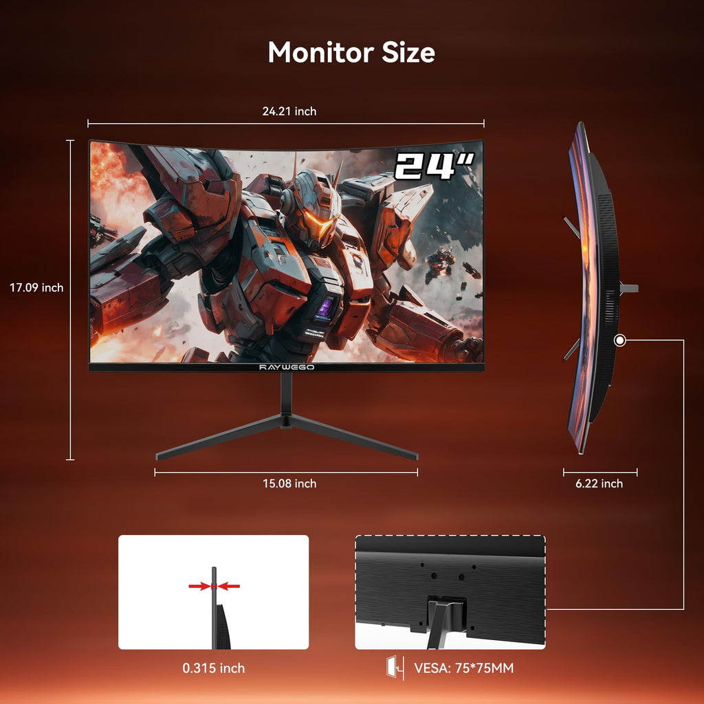 Raywego 24 Inch Curved Gaming Monitor, 200Hz/180Hz, FHD 1080P Computer Monitor, 1ms MPRT, 4000:1 Contrast Ratio, FreeSync, Eye-Care, HDMI, DP, VESA Mount Compatible