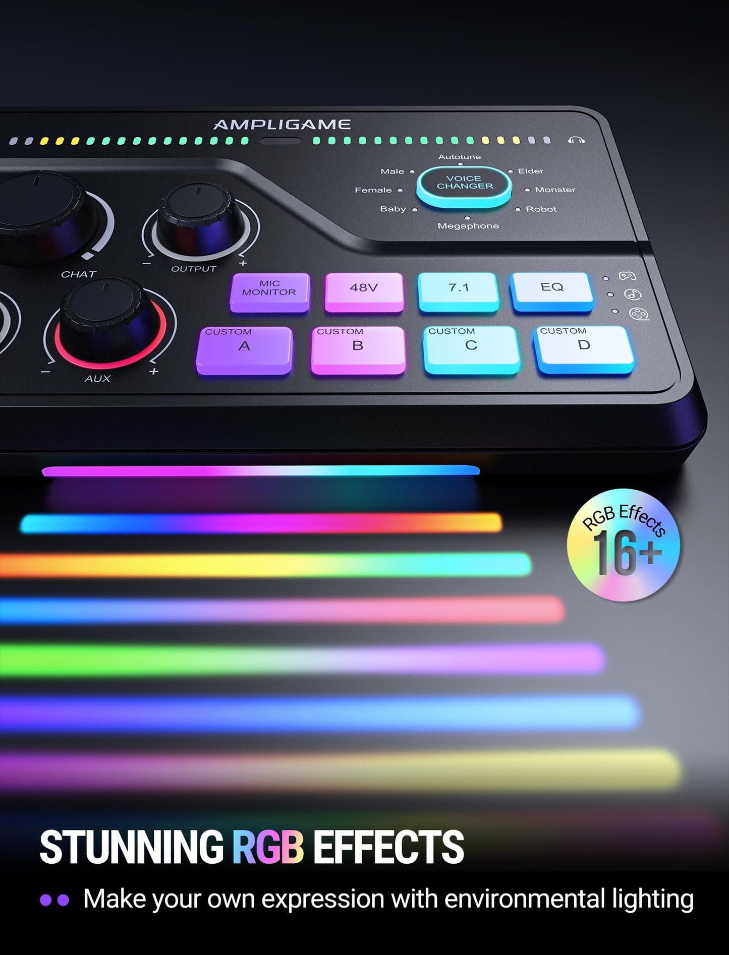 Fifine Gaming Mixer for Voice Chat and Streaming- 7.1ch Surround Sound Headphone Amp-XLR Preamp-USB Plug & Play-Voice Changer-RGB-Volume Control-3 EQ Modes Ampligame SC8