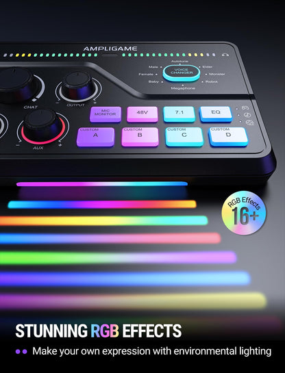 Fifine Gaming Mixer for Voice Chat and Streaming- 7.1ch Surround Sound Headphone Amp-XLR Preamp-USB Plug & Play-Voice Changer-RGB-Volume Control-3 EQ Modes Ampligame SC8