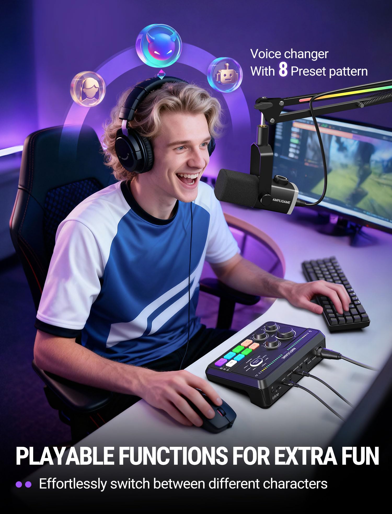 Fifine Gaming Mixer for Voice Chat and Streaming- 7.1ch Surround Sound Headphone Amp-XLR Preamp-USB Plug & Play-Voice Changer-RGB-Volume Control-3 EQ Modes Ampligame SC8