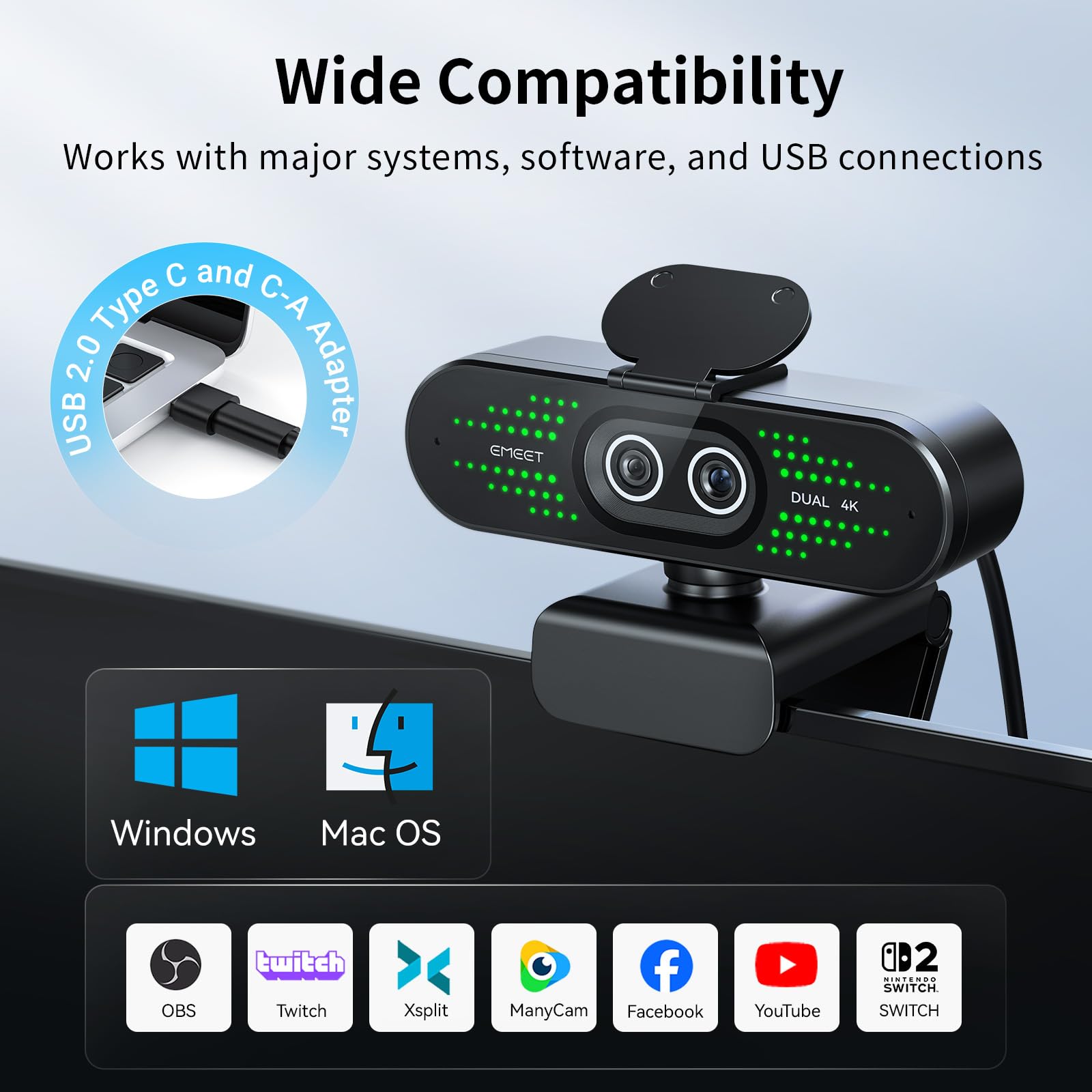 EMEET NOVA 4K Dual-Camera 4K Webcam for PC, Wide-Angle and Telephoto Cameras, Max 11X Hybrid Zoom, PDAF Focus, Remote Control, RGB Lights, Webcam with Microphone for Business or Personal Online Calls