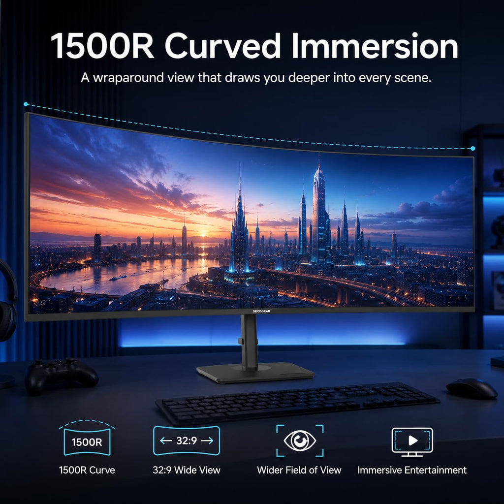 Deco Gear 49 Inch Curved Monitor, 3840x1080 Ultrawide Gaming WDFHD Screen, 144Hz, 32:9, 3ms, 3000:1 VA Display, HDR400, Adaptive Sync, USB-C 65W, HDMI, PIP/PBP, KVM, 1800R, Office & Workstation Setup