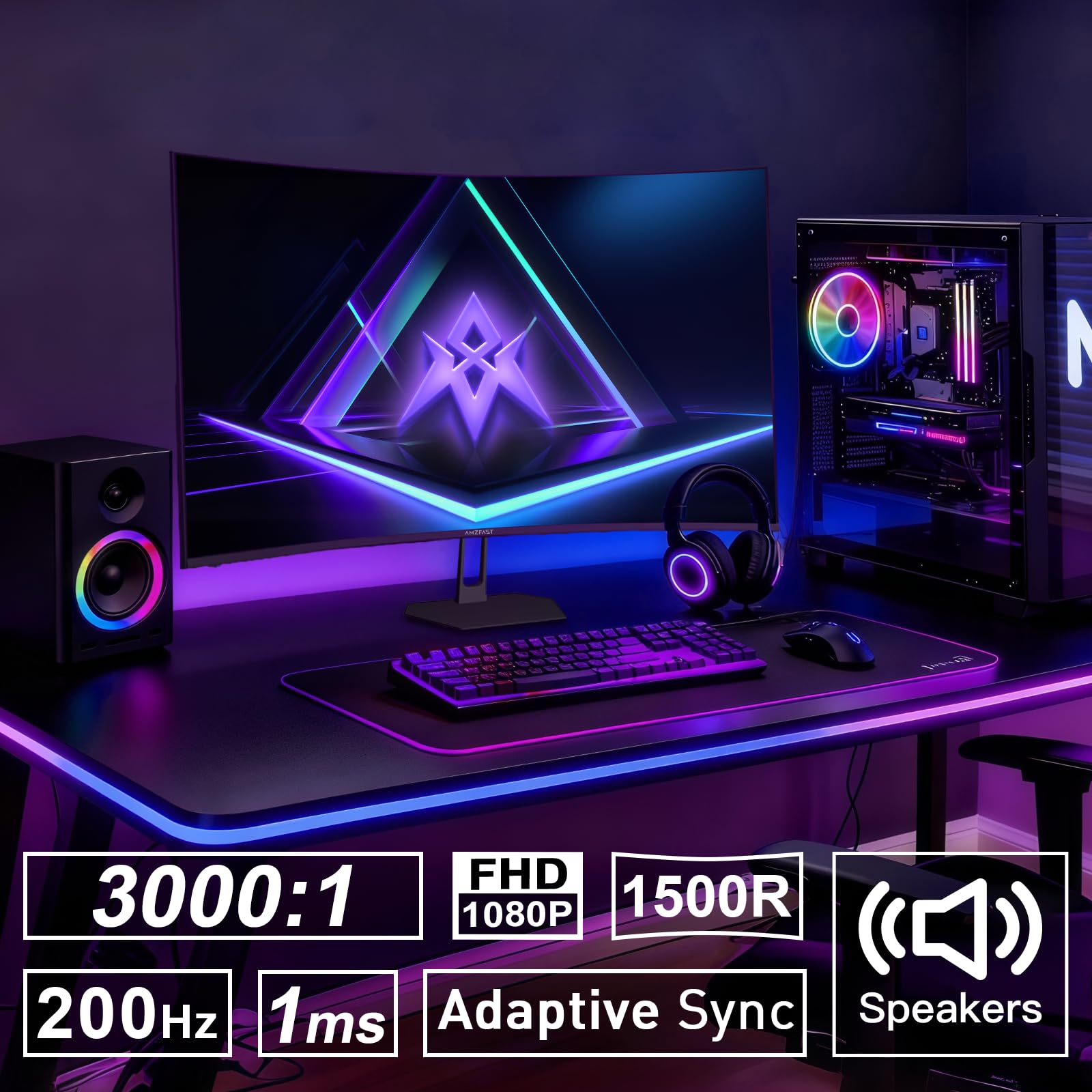 Amzfast 27 inch 200Hz Curved Gaming Monitor, FHD 1080p with Built-in Speakers, FreeSync, MPRT 1ms, 130% sRGB, 3000:1, 1500R, VESA Mount, HDMI 2.0&DP 1.4, 12 Months Warranty Exchange, AMZG27C1