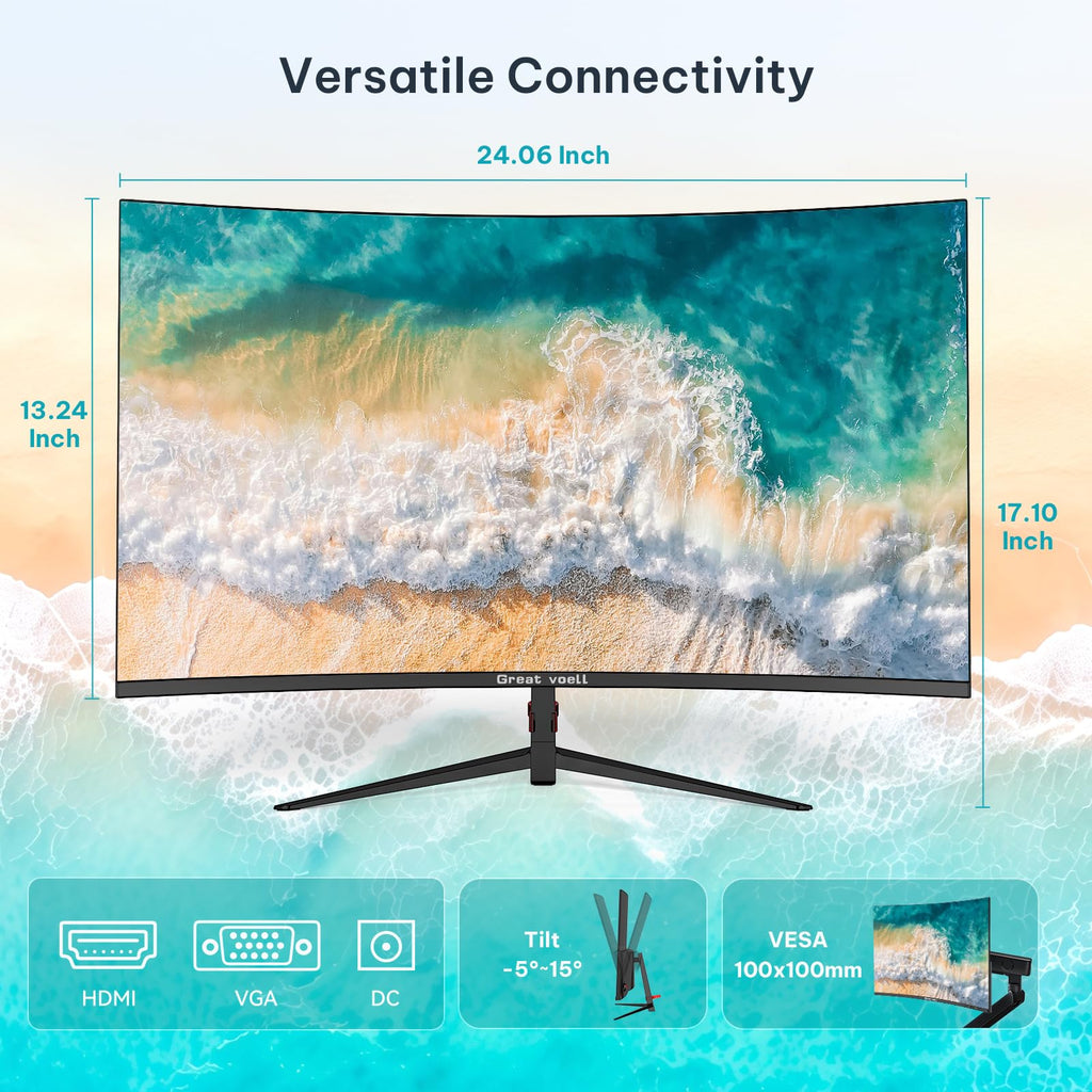 Great voell 27 Inch Curved Computer Monitor, 120Hz Full HD Display (1920 x1080), VA Panel, 99% sRGB, 4000:1 Contrast Ratio, HDR10, Eye Care, HDMI, Game Mode, VESA, Home Office