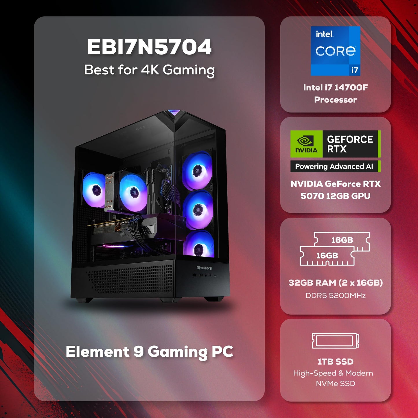 iBUYPOWER Element Gaming PC Desktop Computer Intel Core i7 14700F CPU, NVIDIA GeForce RTX 5070 12GB GPU, 32GB DDR5 RGB 5200MHz RAM, 1TB NVMe SSD, Windows 11 Home, Gamer Keyboard and Mouse - EBI7N5704