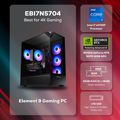 iBUYPOWER Element Gaming PC Desktop Computer Intel Core i7 14700F CPU, NVIDIA GeForce RTX 5070 12GB GPU, 32GB DDR5 RGB 5200MHz RAM, 1TB NVMe SSD, Windows 11 Home, Gamer Keyboard and Mouse - EBI7N5704