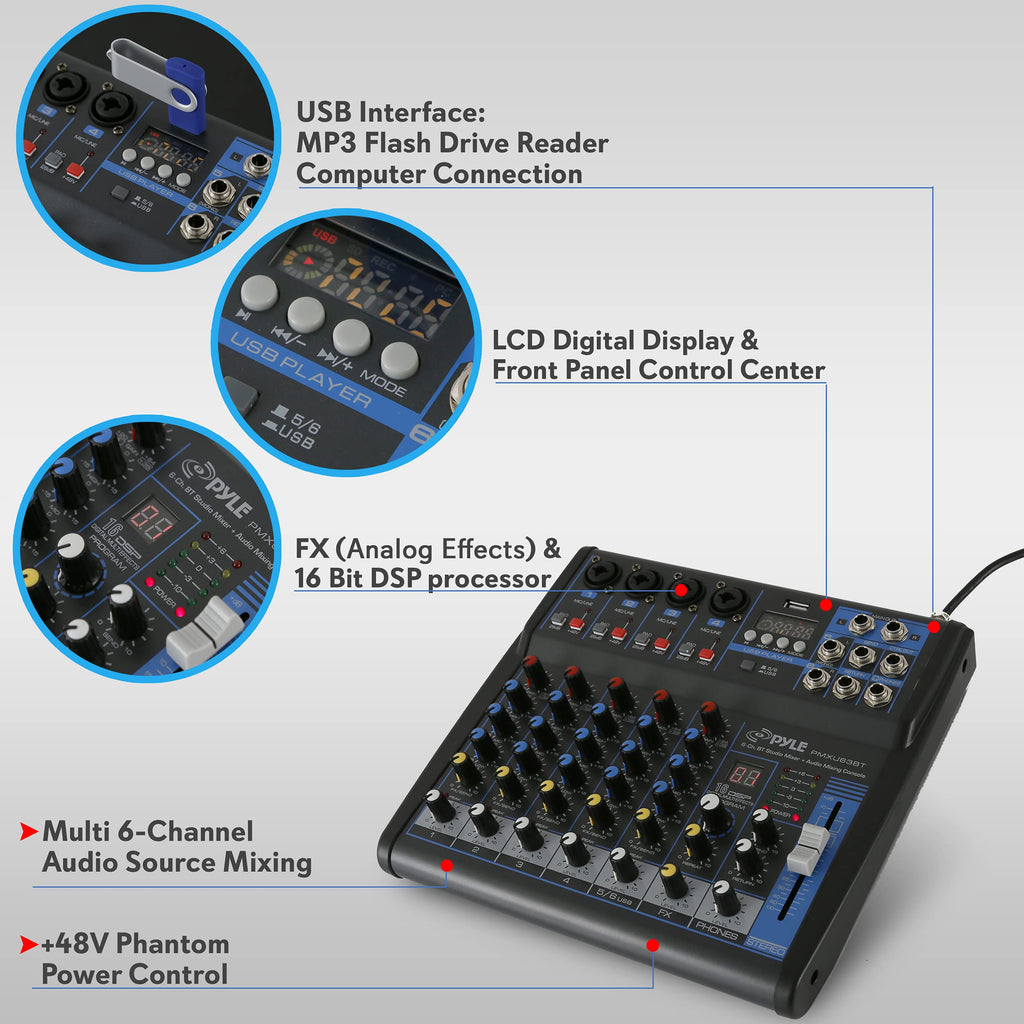 Pyle Professional 6 Channel Audio Mixer with Bluetooth - DJ Sound Board - USB Computer Input - Built-in MP3 Player - 48V Phantom Power - 3 Band EQ - 16-Bit DSP FX - Band, Studio Ready - PMXU63BT