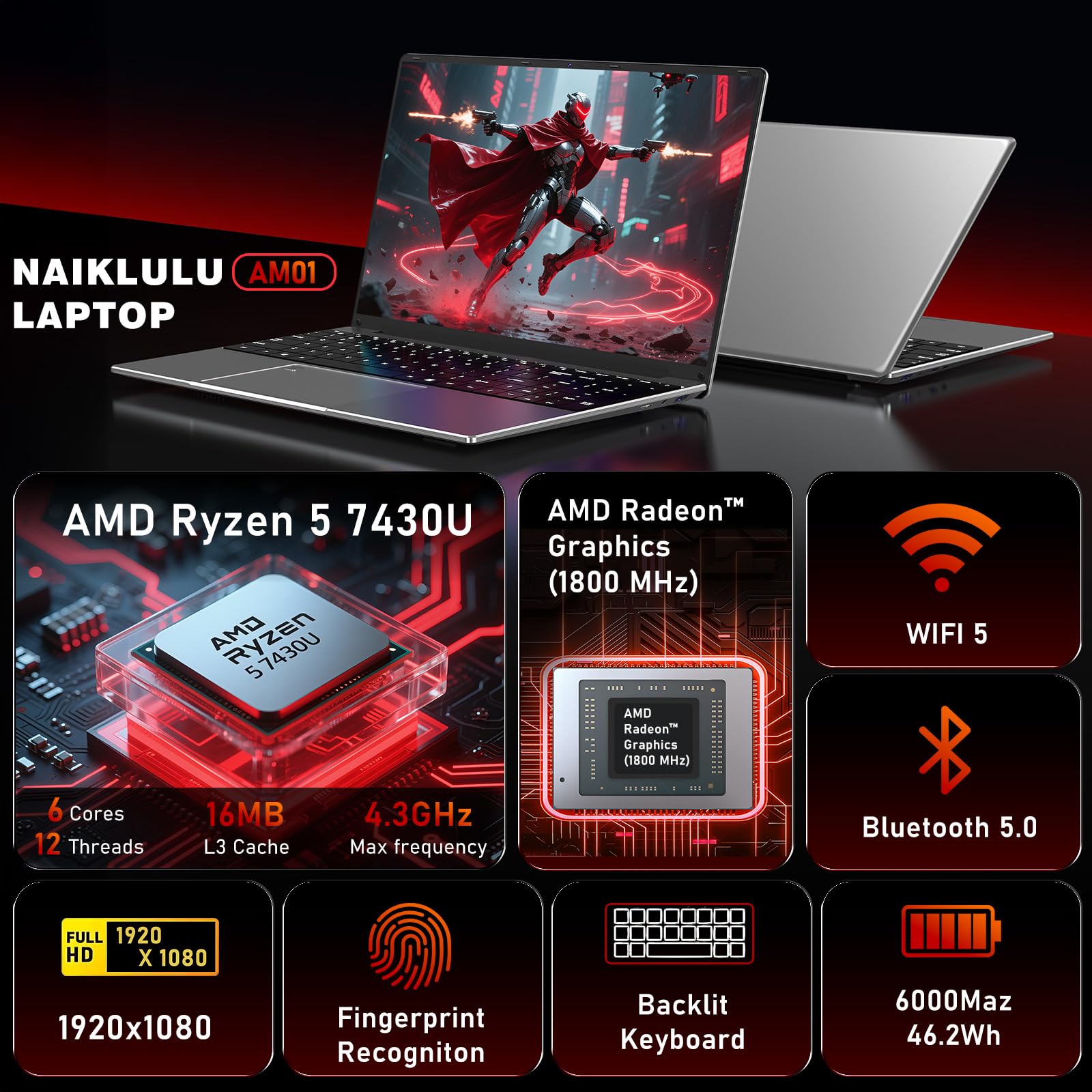 NAIKLULU Gaming Laptop Computer, Lap Top PC 2026 Window 11 pro, 16GB RAM 1TB SSD, Ryzen 5 7430U (up to 4.3Ghz, Beat 5700U), Backlit Keyboard, IPS 1920 * 1080 FHD Display, WiFi 5, BT5.0, Fingerprint