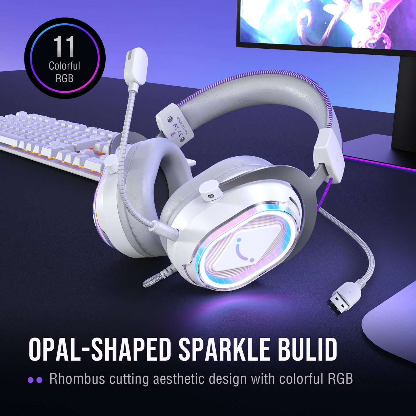 FIFINE USB Gaming Headset: Flowing RGB Lighting - 7.1 Surround Sound - Detachable Mic - Soft Ear Pads, Over-Ear Headset with Control Box, for PC, Laptop, Mac, PS5/PS4 - AmpliGame H13WP (White&Purple)