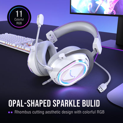 FIFINE USB Gaming Headset: Flowing RGB Lighting - 7.1 Surround Sound - Detachable Mic - Soft Ear Pads, Over-Ear Headset with Control Box, for PC, Laptop, Mac, PS5/PS4 - AmpliGame H13WP (White&Purple)