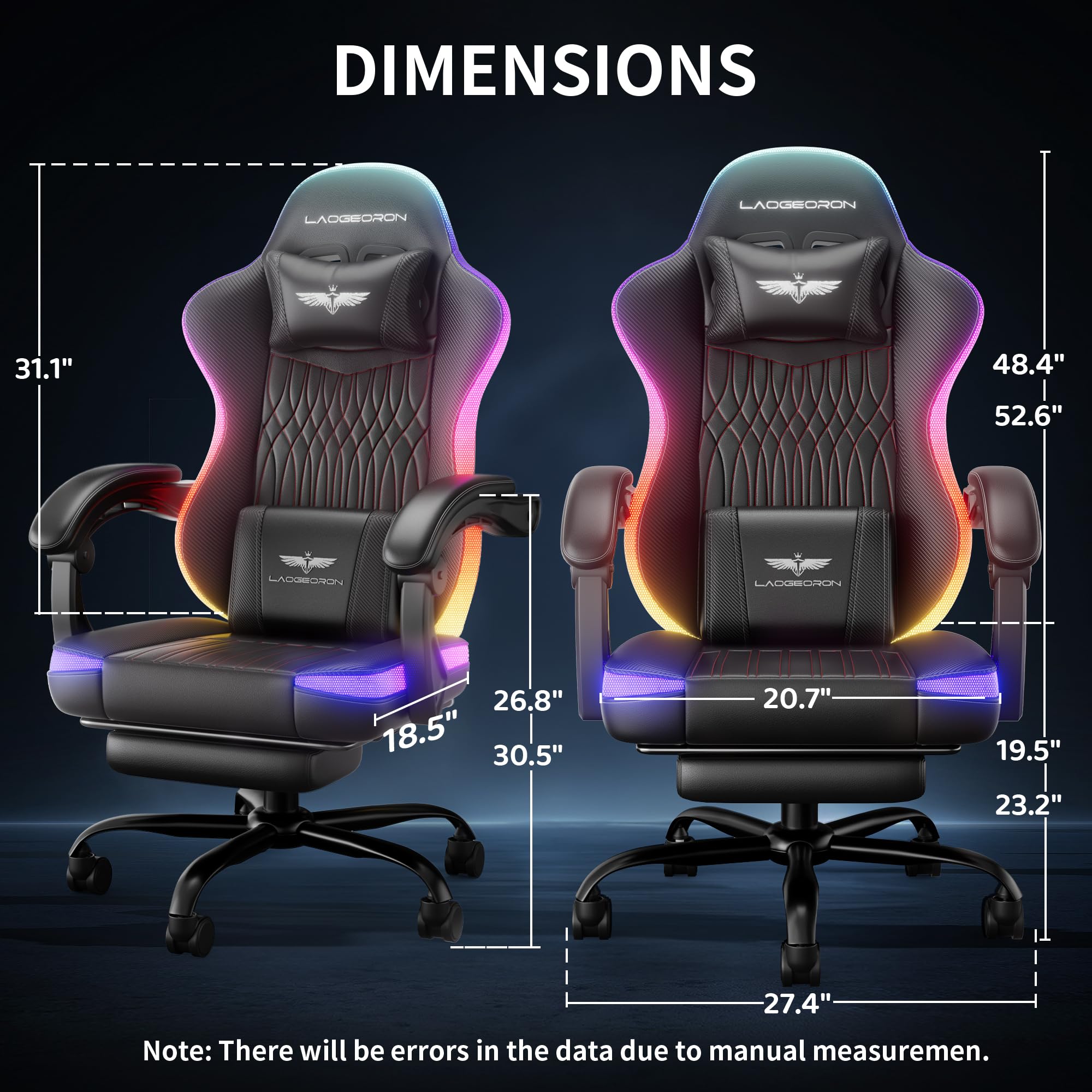 LaoGeoRon Ergonomic Gaming Chair, RGB LED Lights Computer Chairs with Retractable Footrest, 400 lbs Lumbar Support Linked Armrests Gamer Chair High Back Heavy Duty Video Game Chairs (Black Red)
