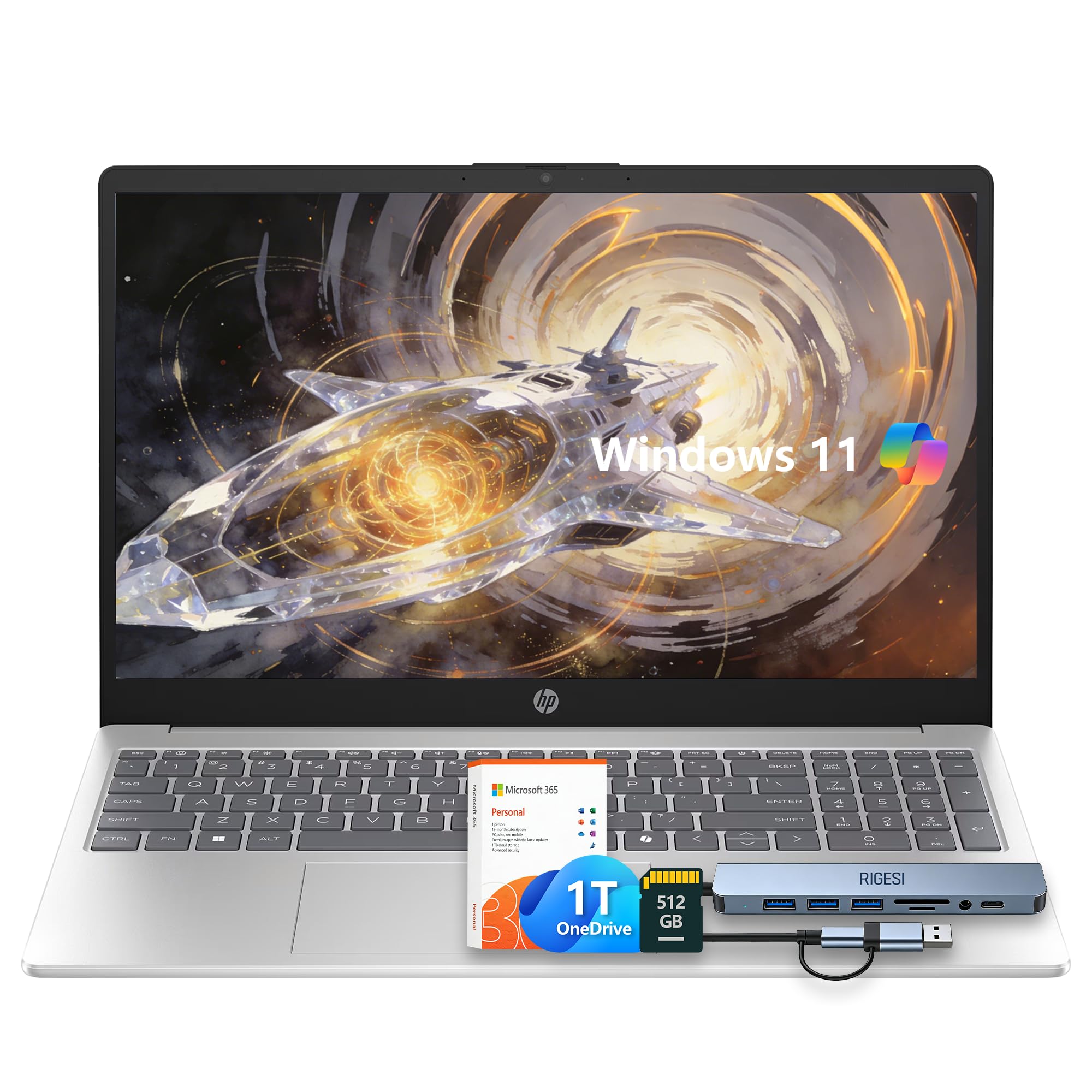 HP 15.6" Laptop – Complete Productivity Solution, Windows 11 with Microsoft Office, Intel 4 Core N100, 8GB RAM, 128GB UFS, 512GB SD Card, Copilot AI, Lightweight – Silver