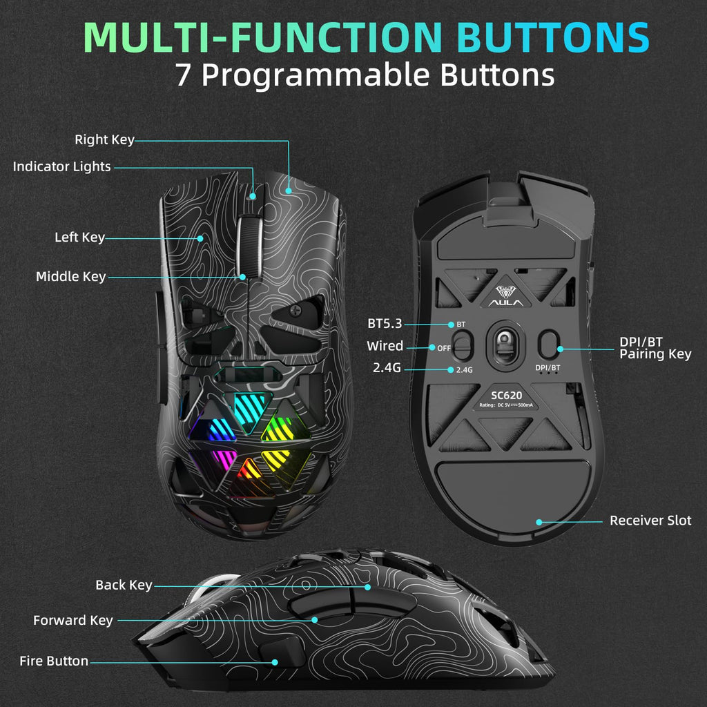 Aula SC620 Wireless Gaming Mouse, Tri-Mode 2.4GHz/USB-C/BT5.3 Computer Mouse with 12000 DPI, Programmable Macro Gamer Mouse with Rapid Fire Key, RGB Light Gaming Mice for PC/Laptop/Mac