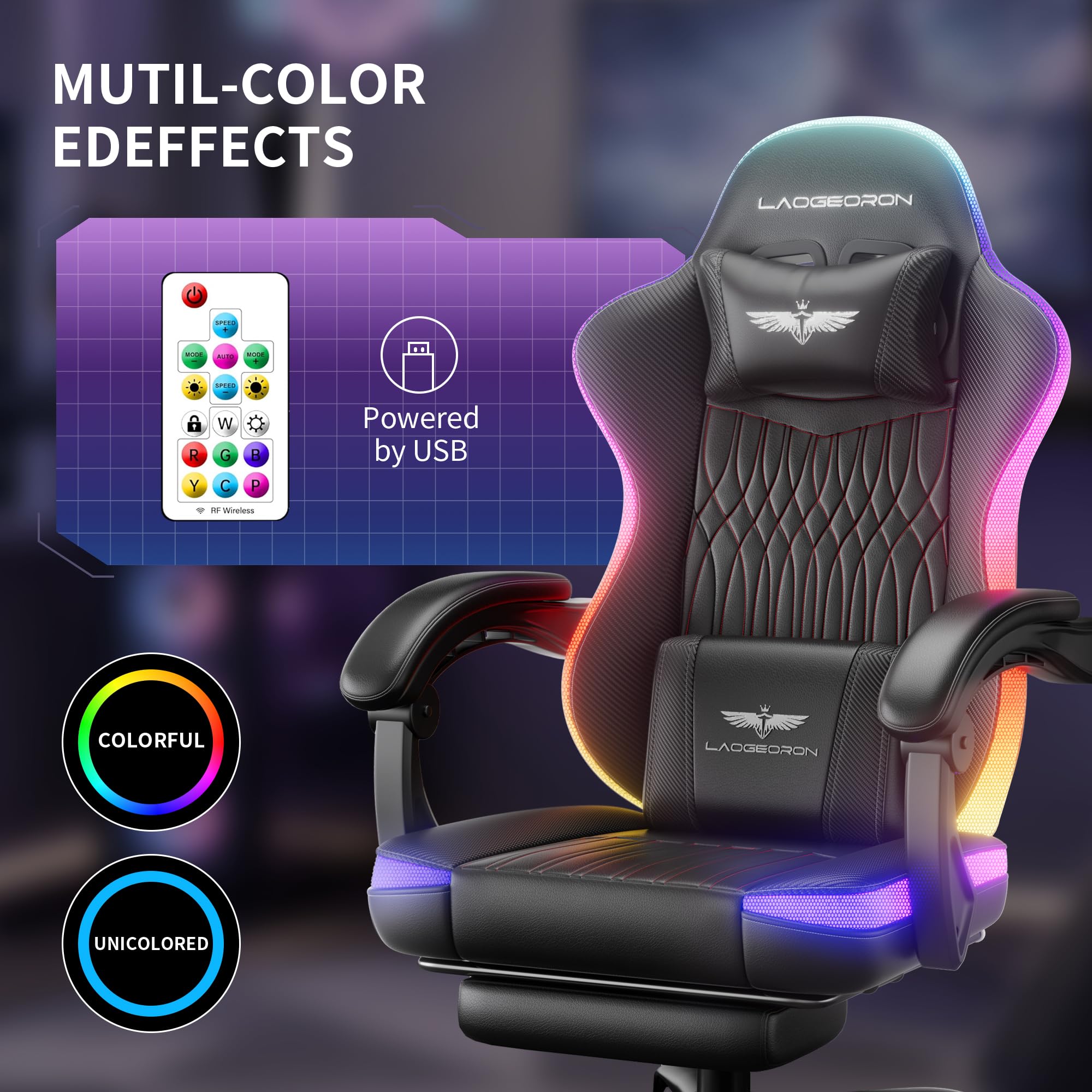 LaoGeoRon Ergonomic Gaming Chair, RGB LED Lights Computer Chairs with Retractable Footrest, 400 lbs Lumbar Support Linked Armrests Gamer Chair High Back Heavy Duty Video Game Chairs (Black Red)