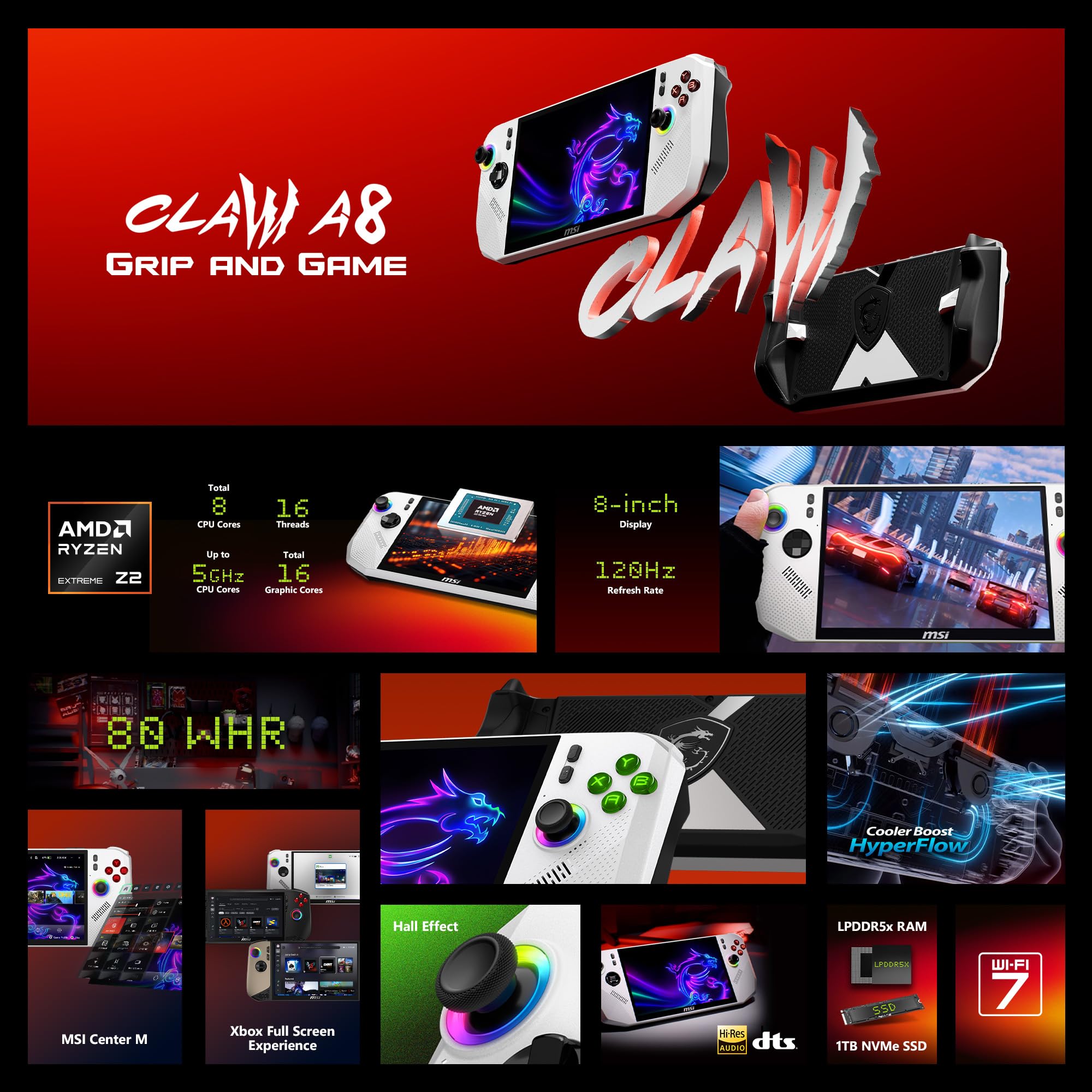 msi Claw A8 PC Gaming Handheld: AMD Ryzen Z2 Extreme, 8" FHD+ 120Hz Display, 24GB LPDDR5x, 1TB NVMe SSD, SD Card Reader, Thunderbolt 4, Win 11 Home: White BZ2EM-070US