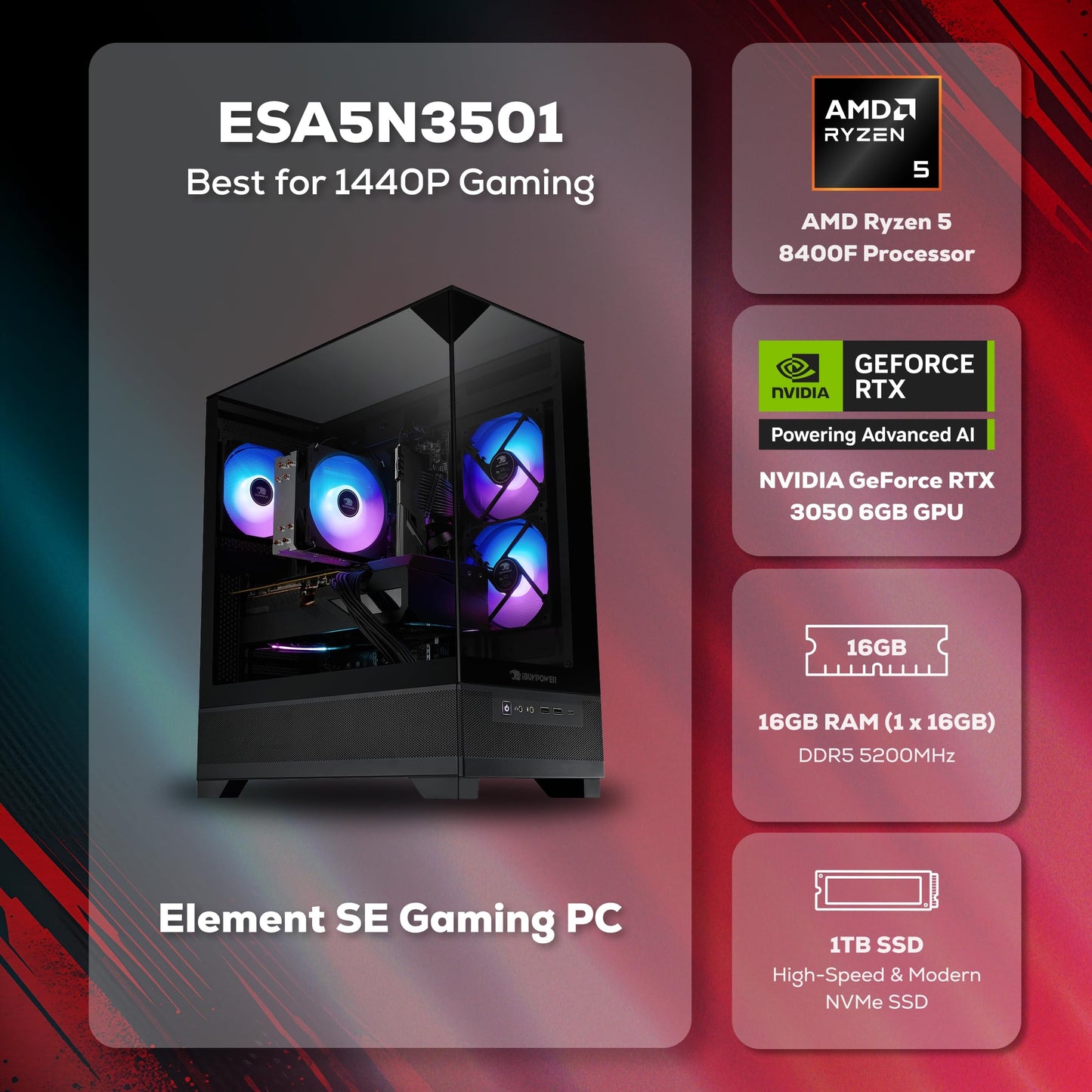 iBUYPOWER Element SE Gaming PC Desktop Computer AMD Ryzen 5 8400F CPU, NVIDIA GeForce RTX 3050 6GB GPU, 16GB DDR5 RGB 5200MHz RAM, 1TB NVMe SSD, Windows 11 Home, Gamer Keyboard and Mouse - ESA5N3501