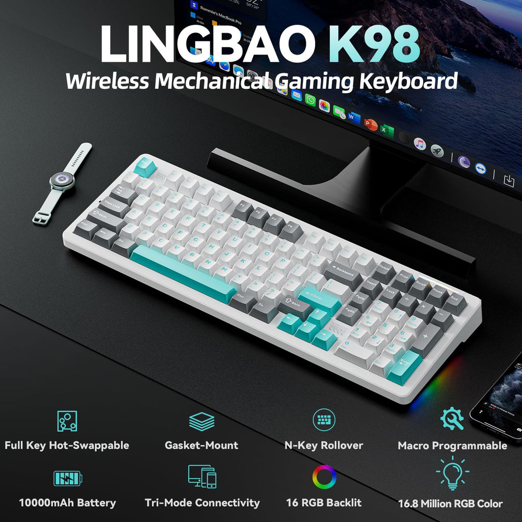 LINGBAO K98 - 96% Mechanical Keyboard Wireless,10000mAh Battery,Wireless Gaming Keyboard BT5.0/2.4G/USB-C, Gasket Hot Swappable,RGB Backlit, Creamy Sounding Keyboards with Number Pad for Win/Mac/PC