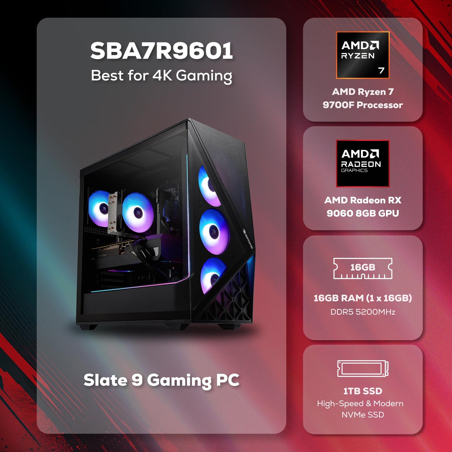 iBUYPOWER Slate Gaming PC Desktop Computer AMD Ryzen 7 9700F CPU, AMD Radeon RX 9060 8GB GPU, 16GB DDR5 RGB 5200MHz RAM, 1TB NVMe SSD, Windows 11 Home, Gamer Keyboard and Mouse - SBA7R9601