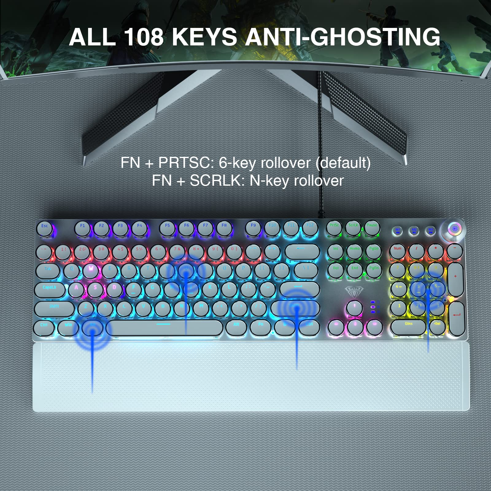 AULA F2088 Typewriter Mechanical Keyboard, White Retro Wired Gaming Keyboard with Blue Switches, Rainbow Backlit, Round Keycaps, Media Knob & Removable Wrist Rest