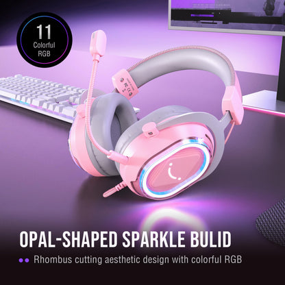 FIFINE Wired RGB Gaming Headset, PC Over-Ear Streaming Headset with USB, 7.1 Surround Sound, Noise-Cancelling Mic, Soft Ear Pads, 4 EQ Modes for PC, Laptop, Mac, PS4, PS5 - AmpliGame H13P (Pink)