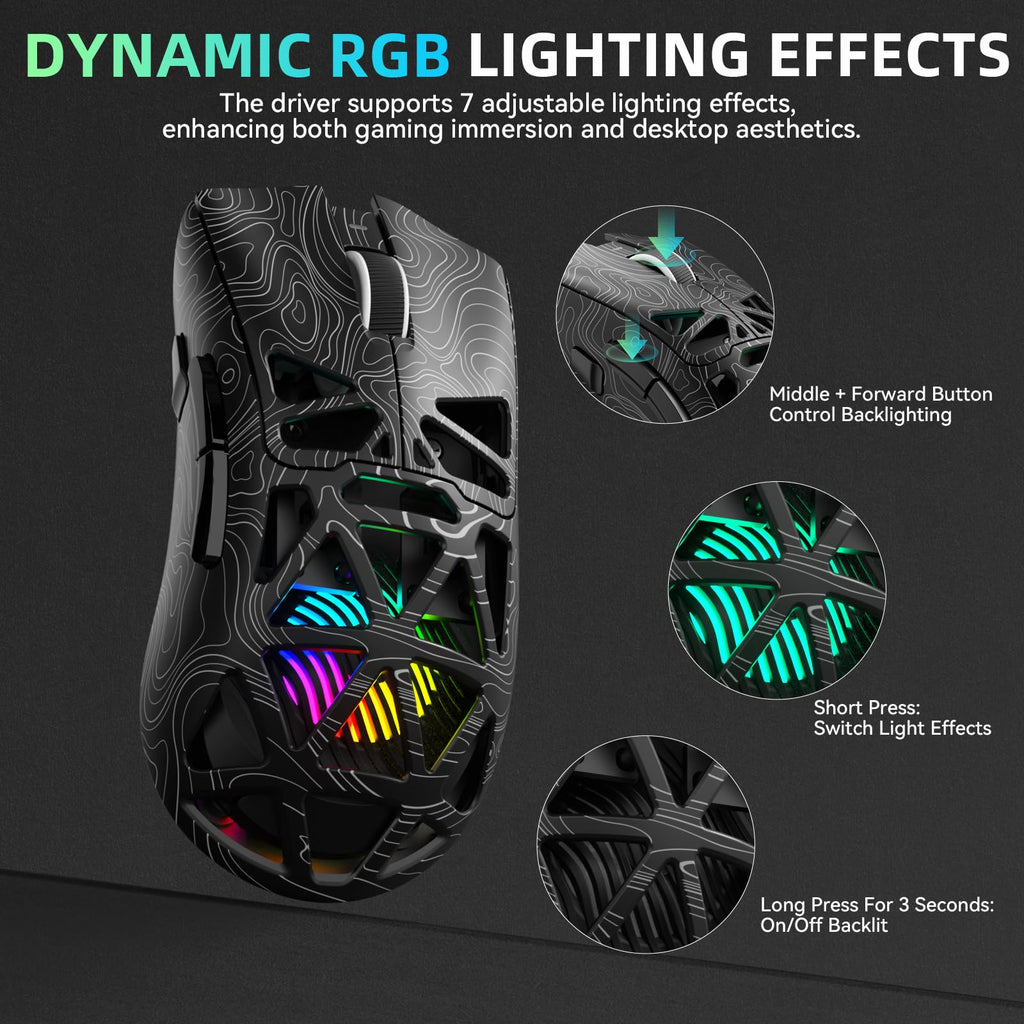 Aula SC620 Wireless Gaming Mouse, Tri-Mode 2.4GHz/USB-C/BT5.3 Computer Mouse with 12000 DPI, Programmable Macro Gamer Mouse with Rapid Fire Key, RGB Light Gaming Mice for PC/Laptop/Mac
