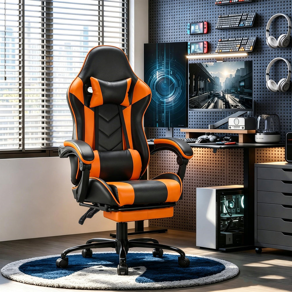 Big and Tall Gaming Chair with Footrest, Ergonomic Computer Desk Chair with Lumbar Support & Headrest, High Back PU Leather Gaming Office Chair, Reclining Swivel Task Chair for Office or Gaming