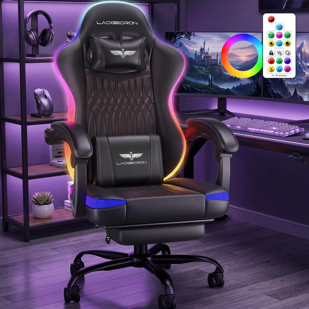 LaoGeoRon Ergonomic Gaming Chair, RGB LED Lights Computer Chairs with Retractable Footrest, 400 lbs Lumbar Support Linked Armrests Gamer Chair High Back Heavy Duty Video Game Chairs (Black Red)