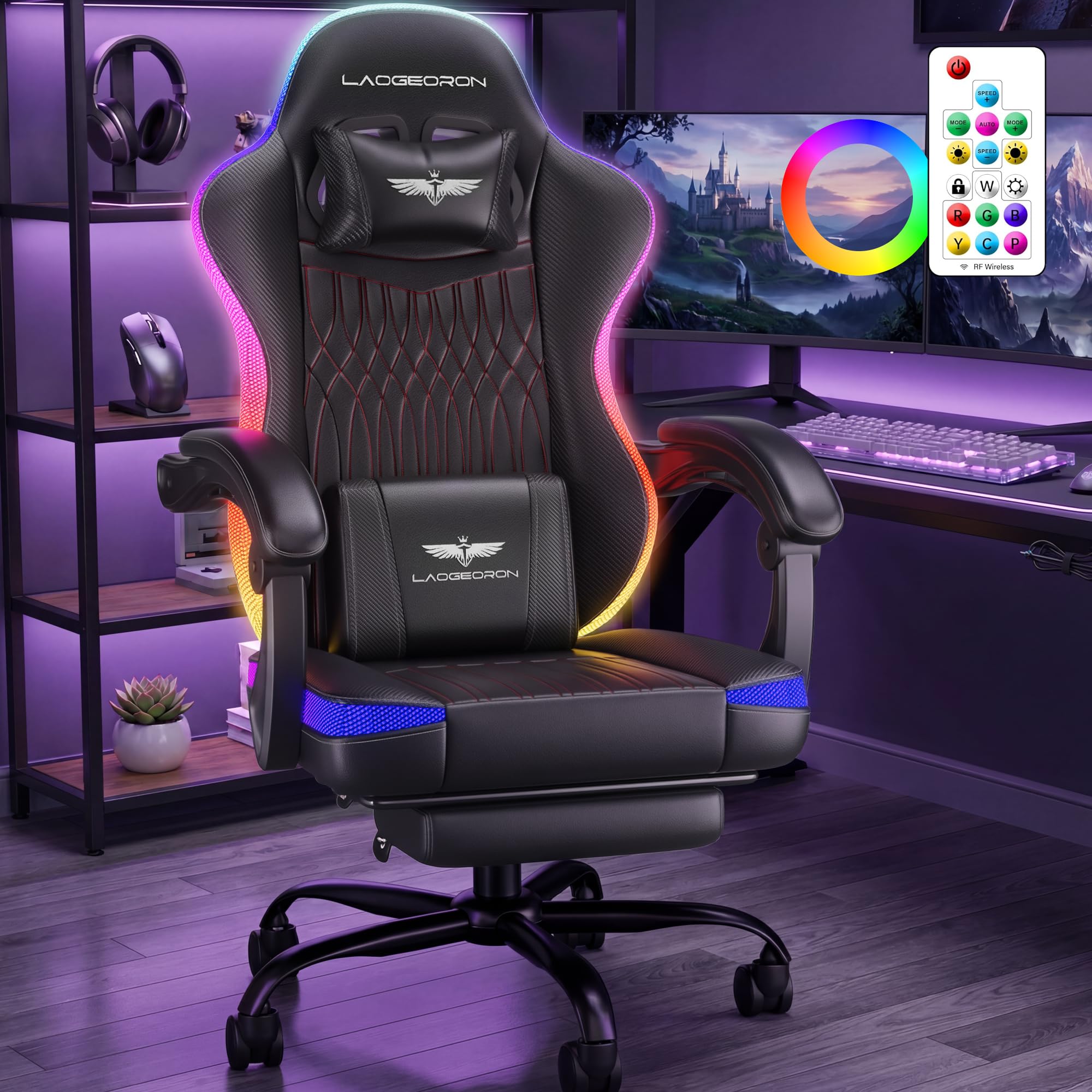 LaoGeoRon Ergonomic Gaming Chair, RGB LED Lights Computer Chairs with Retractable Footrest, 400 lbs Lumbar Support Linked Armrests Gamer Chair High Back Heavy Duty Video Game Chairs (Black Red)