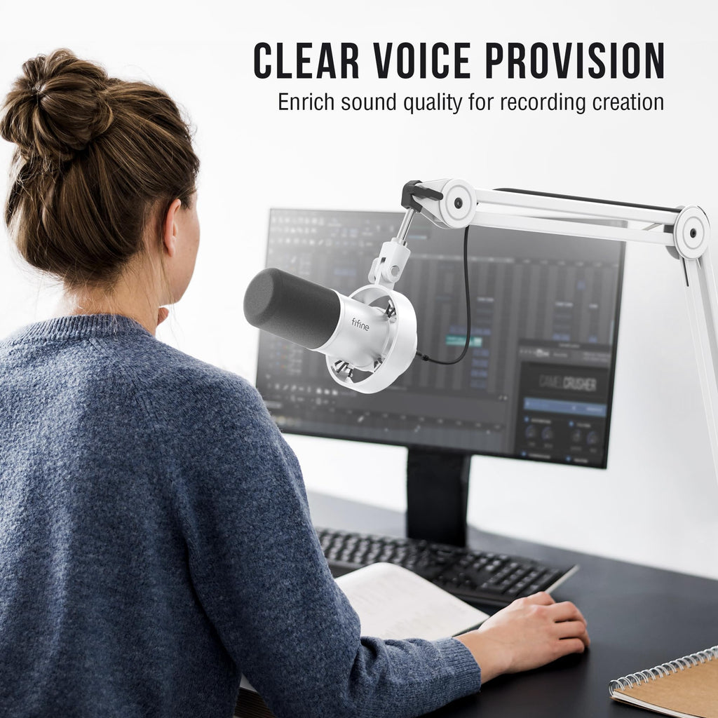 FIFINE Podcast XLR/USB Microphone Kit, Studio Dynamic Vocal Mic for Recording, Streaming, Voice-Over, PC Microphone with Boom Arm with Mute, Headphone Monitoring, Metal-AmpliTank K688T White