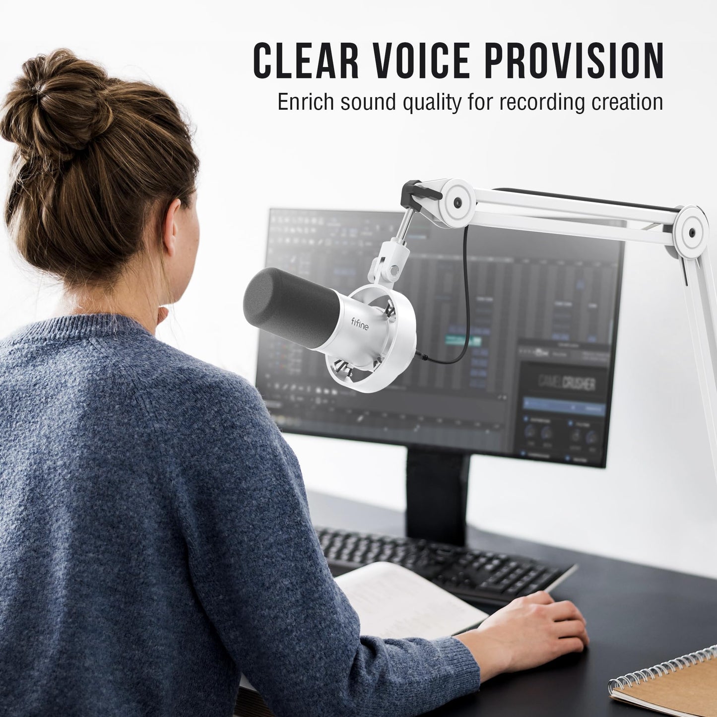 FIFINE Podcast XLR/USB Microphone Kit, Studio Dynamic Vocal Mic for Recording, Streaming, Voice-Over, PC Microphone with Boom Arm with Mute, Headphone Monitoring, Metal-AmpliTank K688T White