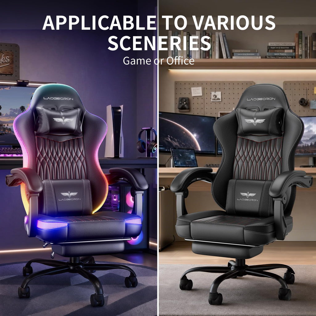 LaoGeoRon Ergonomic Gaming Chair, RGB LED Lights Computer Chairs with Retractable Footrest, 400 lbs Lumbar Support Linked Armrests Gamer Chair High Back Heavy Duty Video Game Chairs (Black Red)