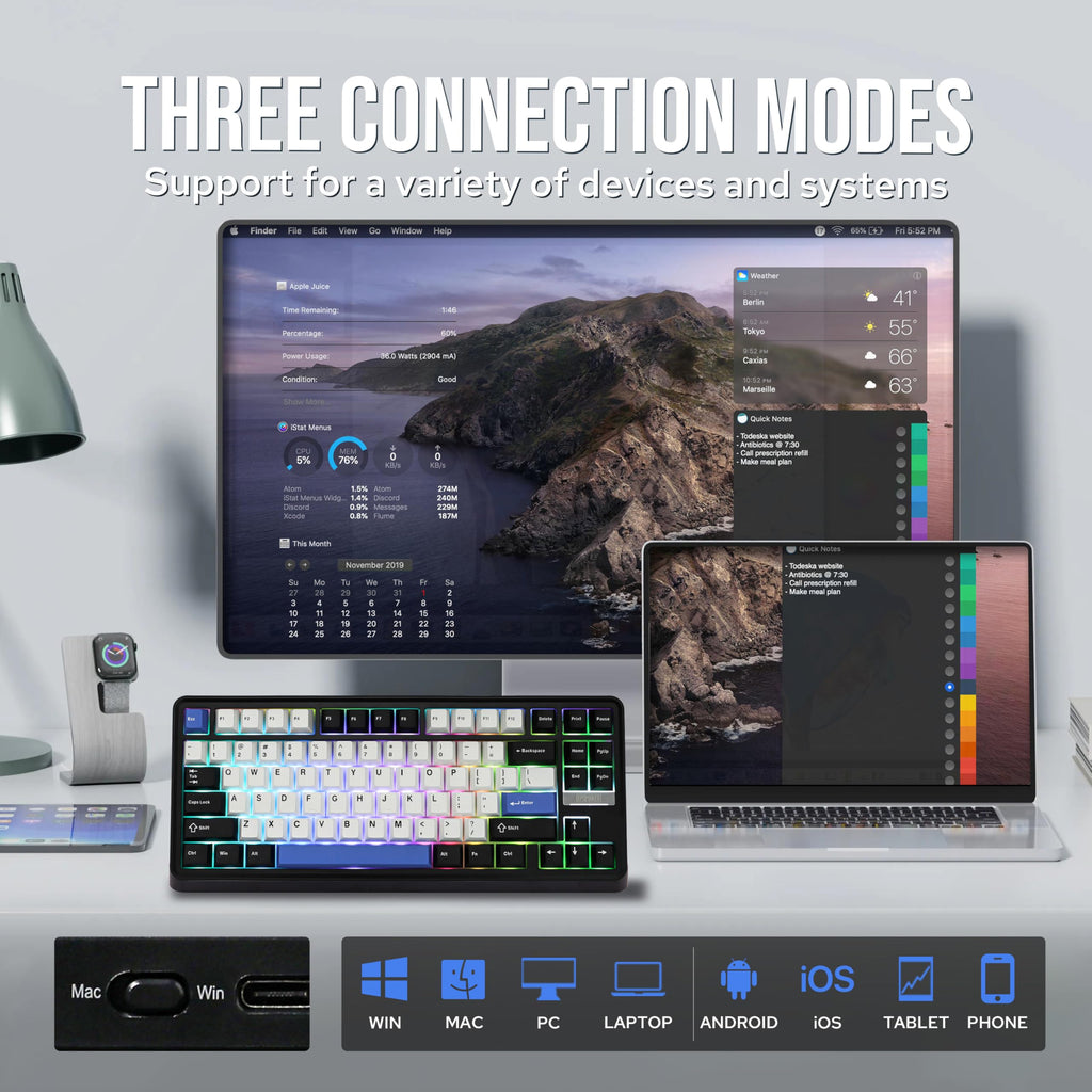 EPOMAKER TH85 QMK/VIA Wireless Gaming Keyboard, BT5.0/2.4GHz/USB-C, Hot Swappable Pre-lubed Custom Creamy Jade Linear Switches, Gasket Creamy Keyboard for PC/Mac/Office/Gaming (Black&White&Blue)