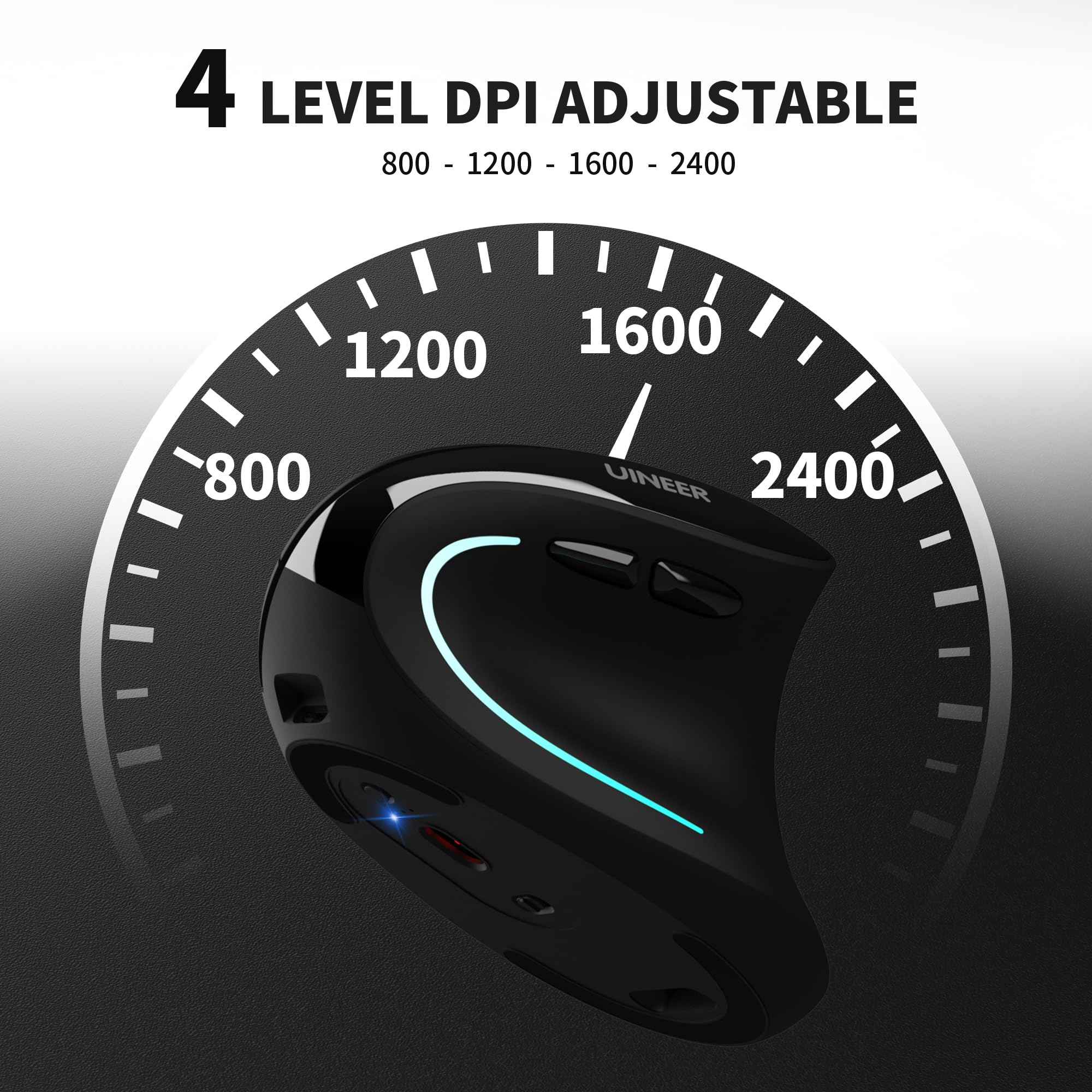 Uineer Ergonomic Wireless Vertical Mouse, Tri-Mode Bluetooth 5.0/4.0 and 2.4G USB, Rechargeable Silent Computer Mouse for Laptop, MacBook, iPad and PC, 4 DPI Levels, LED Light, 3-Device Switching