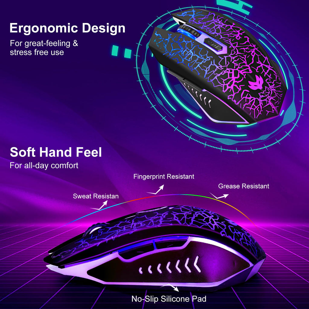LuLabboard Wireless Gaming Mouse, Rechargeable Wireless Computer Mouse, 7-Color LED Light, Ergonomic Mouse with 6 Silent Click Buttons, 3 Adjustable 2400 DPI Wireless Mouse for Laptop,PC,Mac, Black