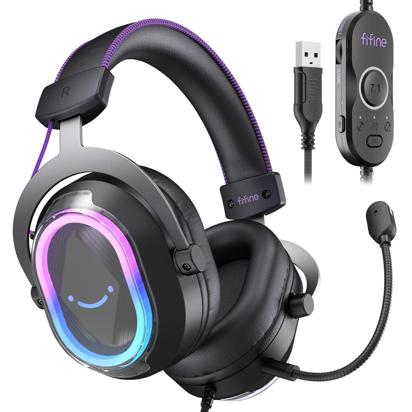FIFINE Wired Gaming Headsets: 7.1 Surround Sound - Vibrant Customizable RGB - Game/Chat Balance, USB Gamer Headphones with Noise Canceling Microphone for PC, PS5/PS4, Laptop, Mac - AmpliGame H13BP