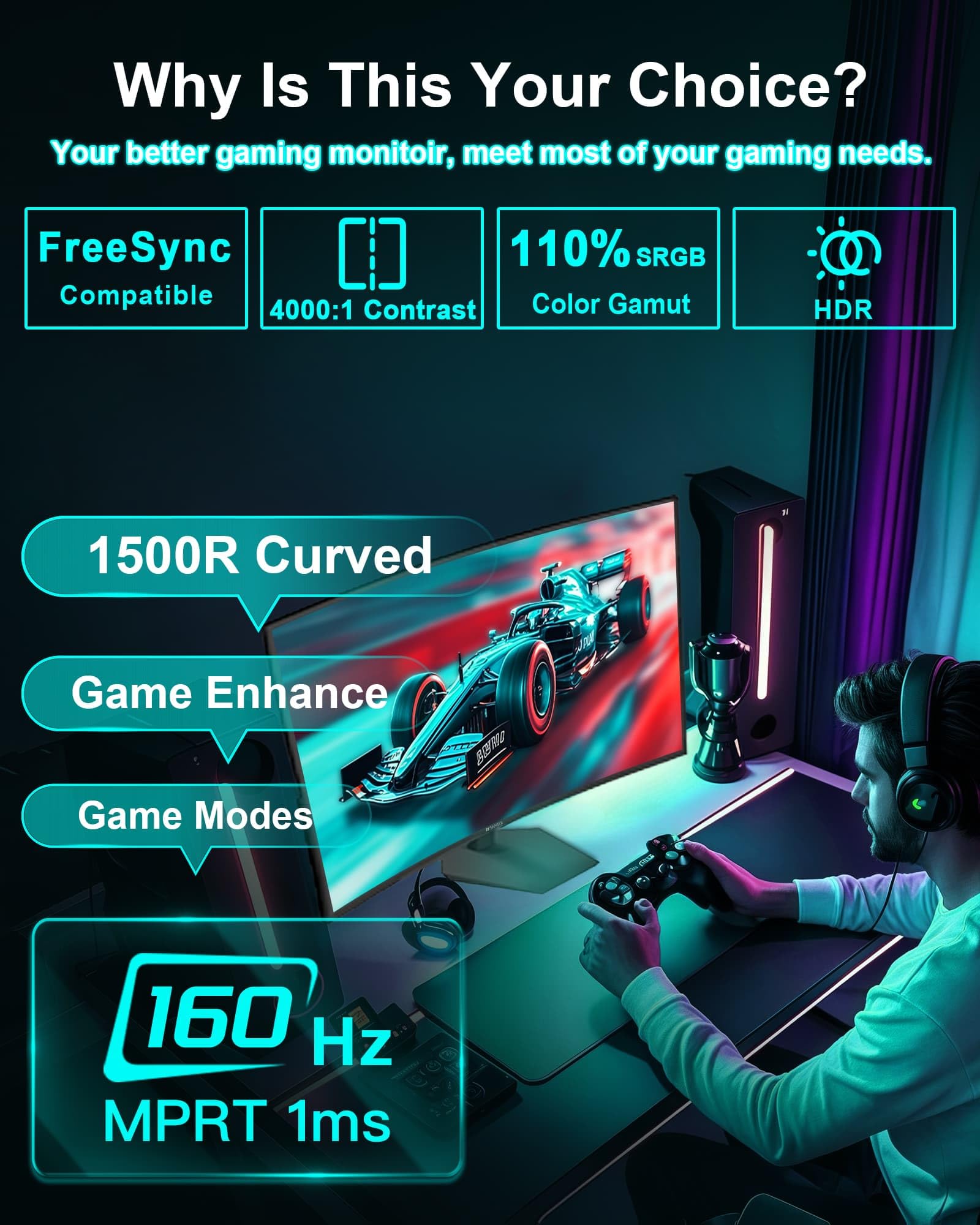 SANSUI 27 Inch Curved 160Hz Gaming Monitor, 1500R Curved Computer Gaming Monitor FHD 1080P, 4000:1, 110% sRGB, FPS/RTS, 1Ms MPRT|FreeSync|HDR|Low Blue Light|HDMI DP| VESA Support, HDMI Cable Incl.