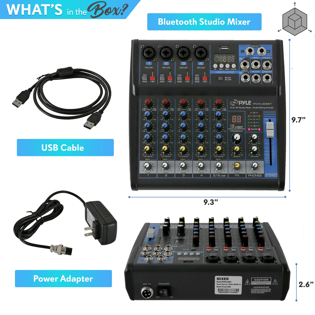 Pyle Professional 6 Channel Audio Mixer with Bluetooth - DJ Sound Board - USB Computer Input - Built-in MP3 Player - 48V Phantom Power - 3 Band EQ - 16-Bit DSP FX - Band, Studio Ready - PMXU63BT