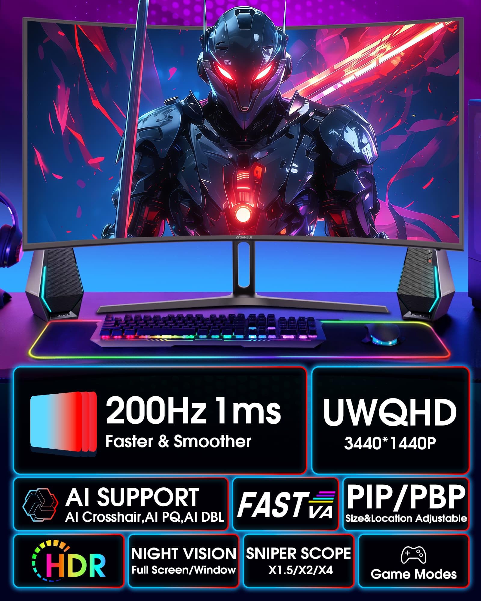 SANSUI 34 Inch UWQHD 200HZ Curved Gaming Monitor, FastVA 3440x1440P Ultrawide 1500R Curved Gaming Computer Monitor 21:9 with PIP PBP, AI Tech Enhance, 2xHDMI2.1 DP1.4 Ports(HDMI2.1 Cable Incl.)