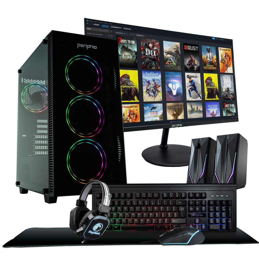 Periphio Terra Gaming PC Computer, AMD Ryzen 5 5600GT up to 4.6GHz with Radeon Vega 7 Graphics, 16GB RAM, 1TB NVMe SSD, WiFi, Windows 11, Black Desktop with RGB Gaming Bundle, 24" Monitor
