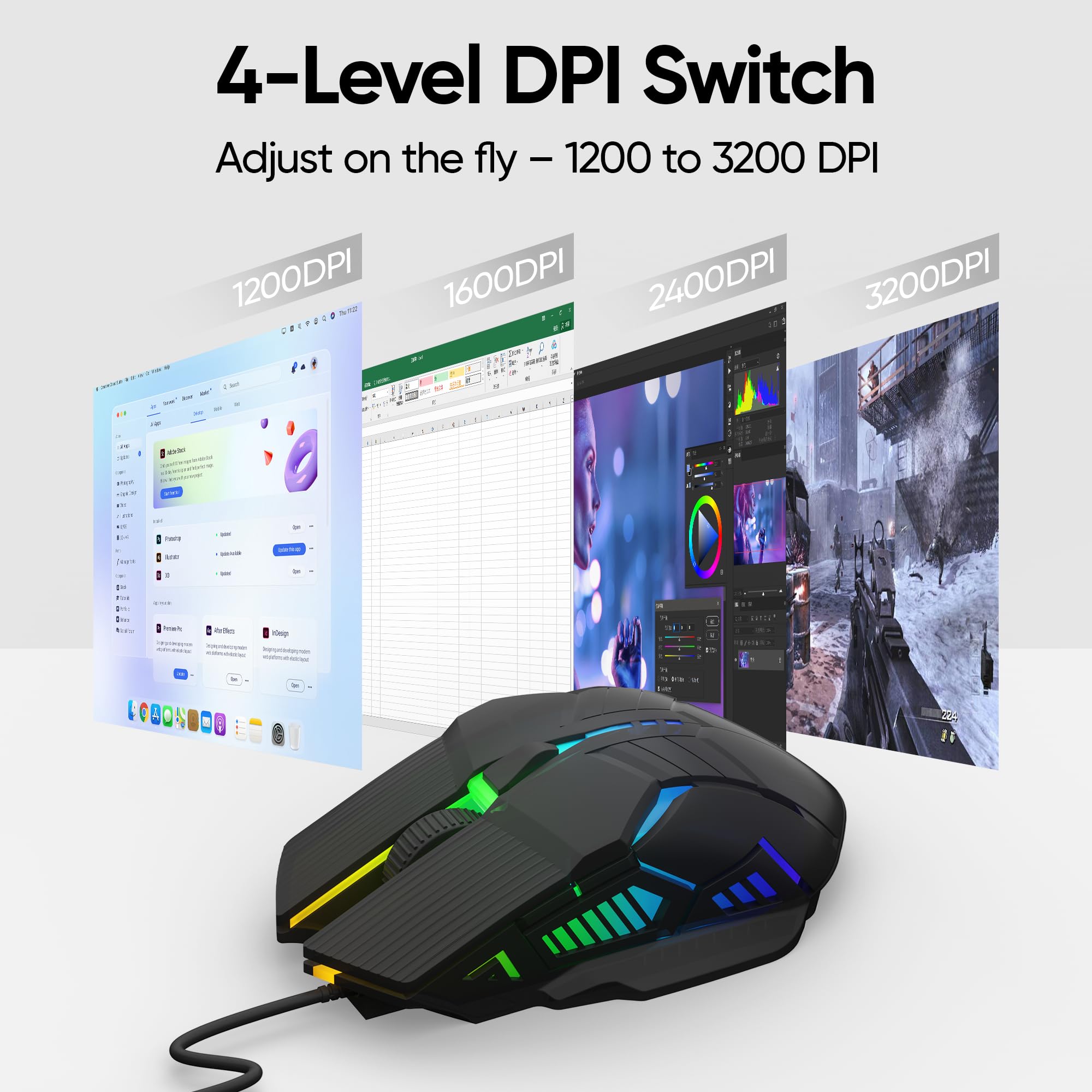 MELOGAGA Wired Gaming Mouse - Lightweight USB Optical Computer Mice with 7-Color RGB LED Lights, 4 Adjustable DPI (1200-3200), 6 Buttons, Ergonomic Design for Windows (S800-Black)