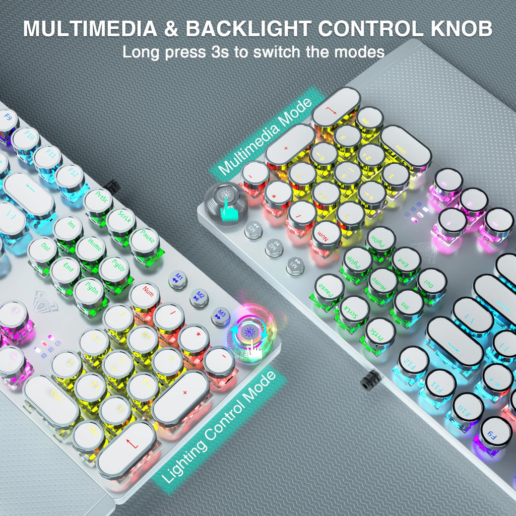AULA F2088 Typewriter Mechanical Keyboard, White Retro Wired Gaming Keyboard with Blue Switches, Rainbow Backlit, Round Keycaps, Media Knob & Removable Wrist Rest