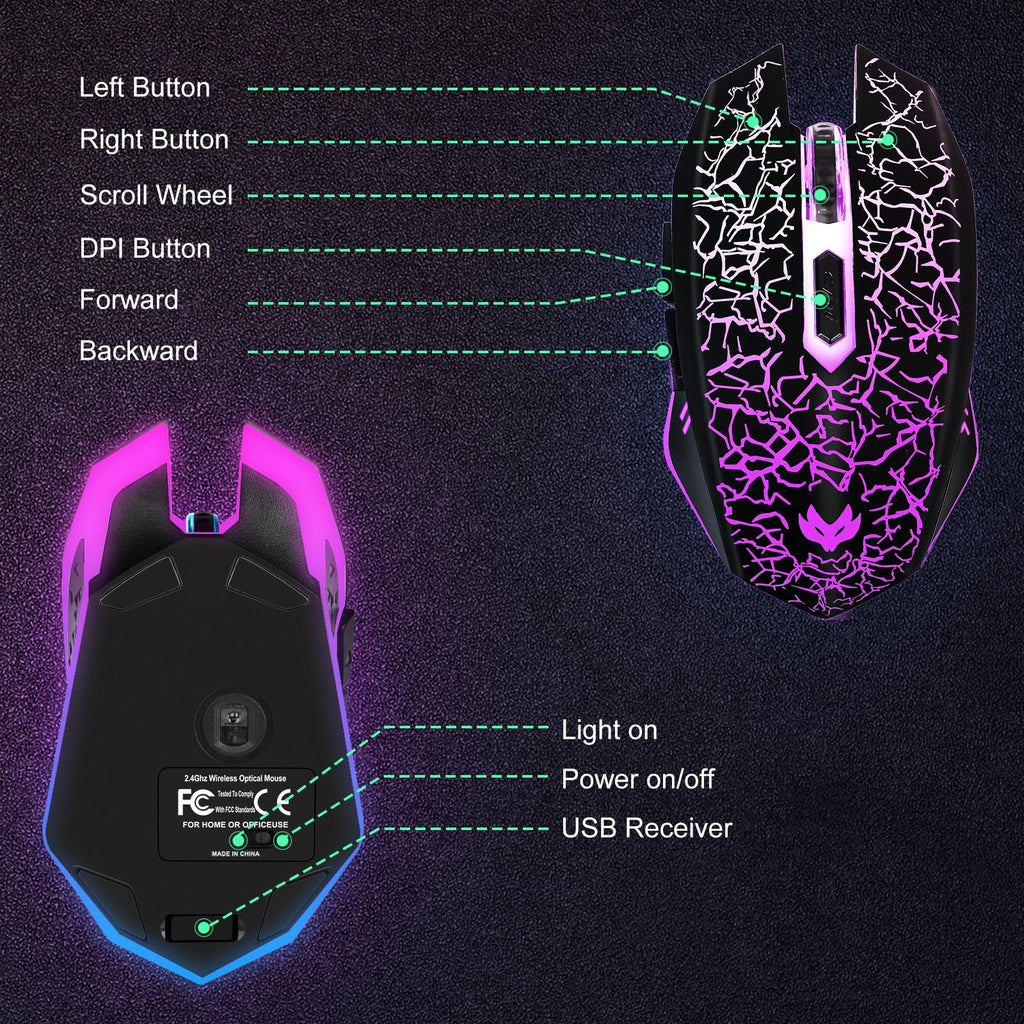 LuLabboard Wireless Gaming Mouse, Rechargeable Wireless Computer Mouse, 7-Color LED Light, Ergonomic Mouse with 6 Silent Click Buttons, 3 Adjustable 2400 DPI Wireless Mouse for Laptop,PC,Mac, Black
