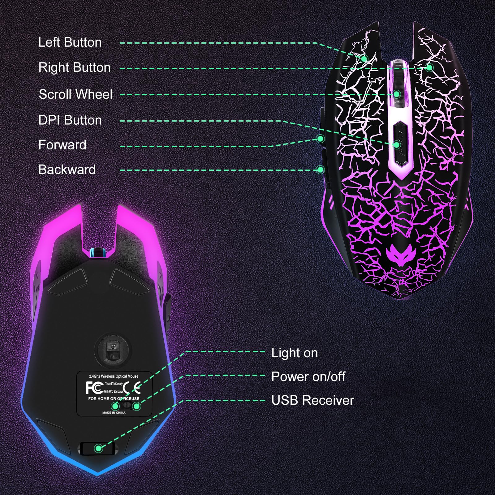 LuLabboard Wireless Gaming Mouse, Rechargeable Wireless Computer Mouse, 7-Color LED Light, Ergonomic Mouse with 6 Silent Click Buttons, 3 Adjustable 2400 DPI Wireless Mouse for Laptop,PC,Mac, Black
