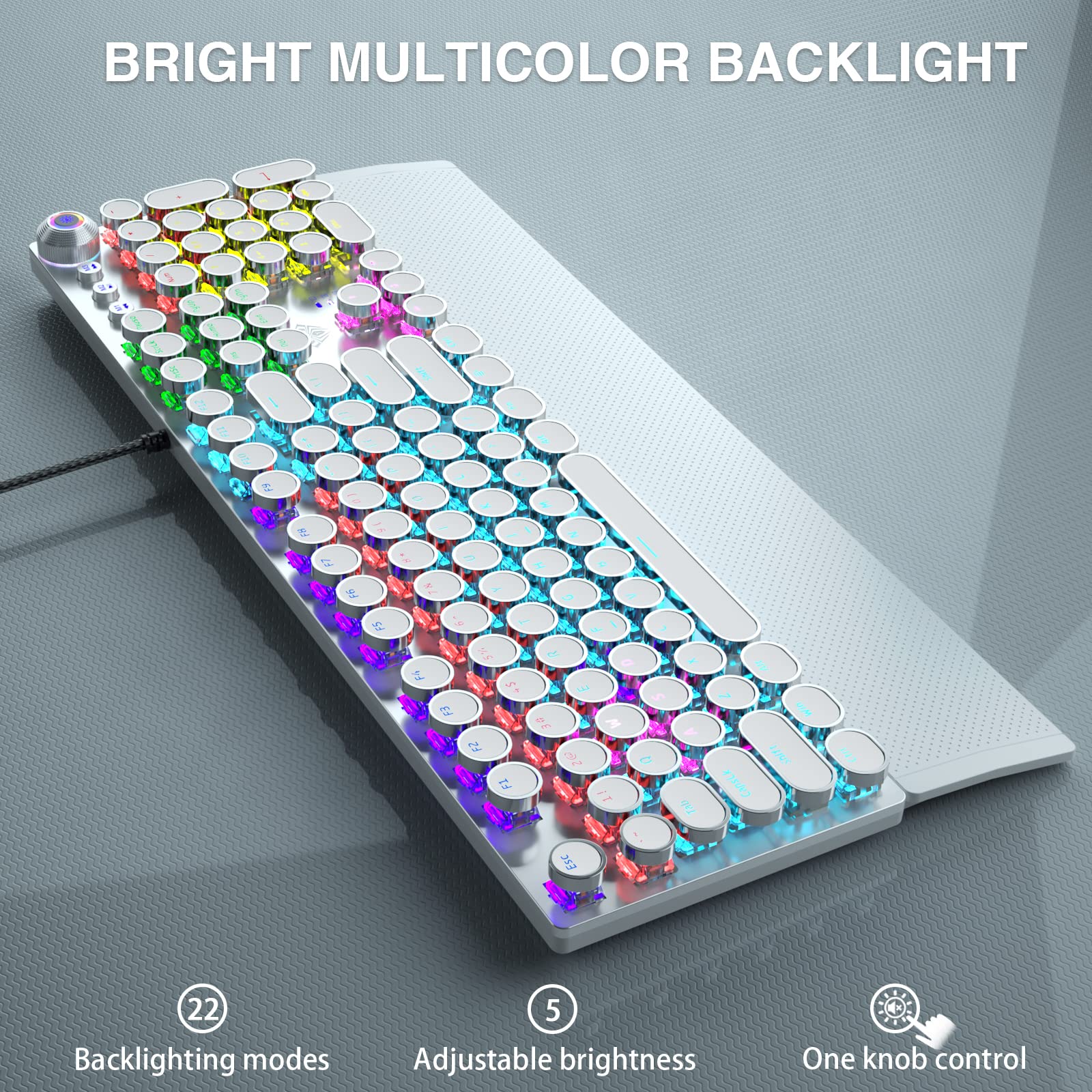 AULA F2088 Typewriter Mechanical Keyboard, White Retro Wired Gaming Keyboard with Blue Switches, Rainbow Backlit, Round Keycaps, Media Knob & Removable Wrist Rest