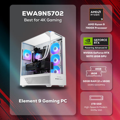 iBUYPOWER Element Gaming PC Desktop Computer AMD Ryzen 9 7900X CPU, NVIDIA GeForce RTX 5070 12GB GPU, 32GB DDR5 RGB 5200MHz RAM, 1TB NVMe SSD, Windows 11 Home, Gamer Keyboard and Mouse - EWA9N5702