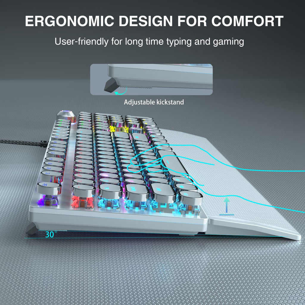 AULA F2088 Typewriter Mechanical Keyboard, White Retro Wired Gaming Keyboard with Blue Switches, Rainbow Backlit, Round Keycaps, Media Knob & Removable Wrist Rest