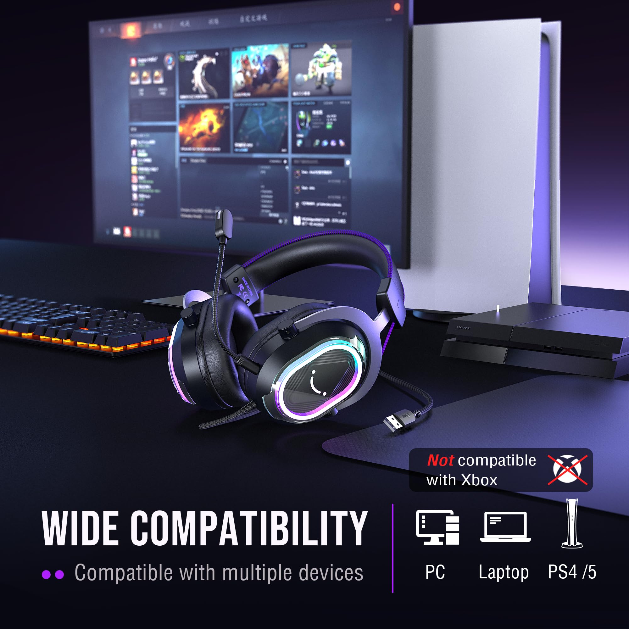 FIFINE Wired Gaming Headsets: 7.1 Surround Sound - Vibrant Customizable RGB - Game/Chat Balance, USB Gamer Headphones with Noise Canceling Microphone for PC, PS5/PS4, Laptop, Mac - AmpliGame H13BP