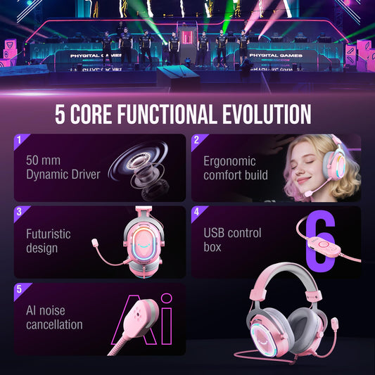 FIFINE Wired RGB Gaming Headset, PC Over-Ear Streaming Headset with USB, 7.1 Surround Sound, Noise-Cancelling Mic, Soft Ear Pads, 4 EQ Modes for PC, Laptop, Mac, PS4, PS5 - AmpliGame H13P (Pink)