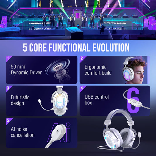 FIFINE USB Gaming Headset: Flowing RGB Lighting - 7.1 Surround Sound - Detachable Mic - Soft Ear Pads, Over-Ear Headset with Control Box, for PC, Laptop, Mac, PS5/PS4 - AmpliGame H13WP (White&Purple)
