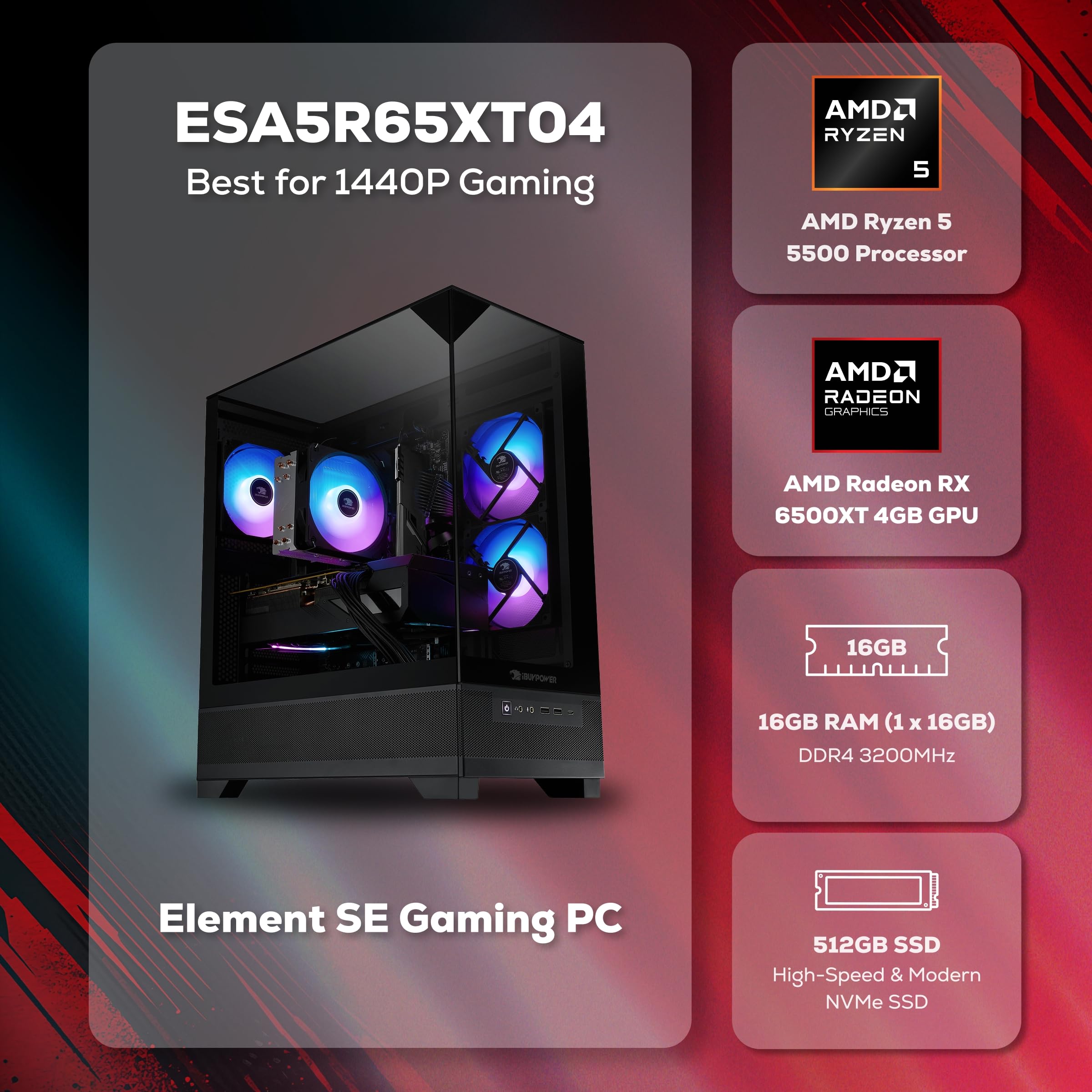 iBUYPOWER Element SE Gaming PC Desktop Computer AMD Ryzen 5 5500 CPU, AMD Radeon RX 6500XT 4GB, 16GB DDR4 Non-RGB 3200MHz RAM, 512GB NVMe SSD, Windows 11 Home, Gamer Keyboard and Mouse - ESA5R65XT04